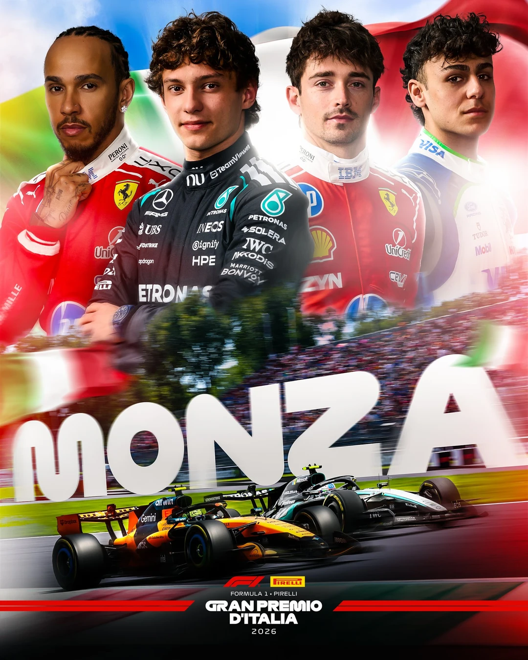 本周2026赛季F1意大利🇮🇹大奖赛官方海报👀海报上：汉密尔顿➕安东