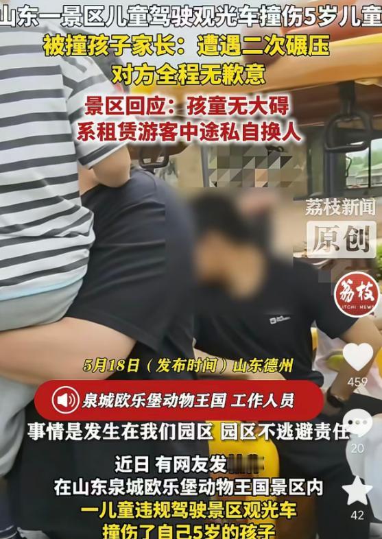 5月18日，山东德州泉城欧乐堡动物王国景区内，一名儿童中途私自驾驶观光车，将一名