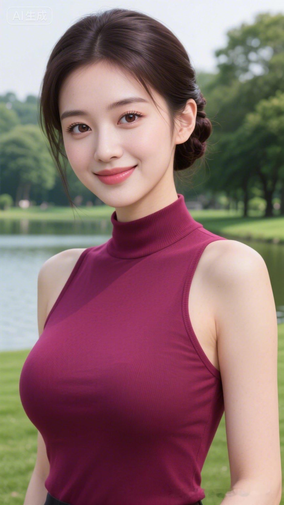 这姑娘穿紫色高领衫，在公园里微笑。