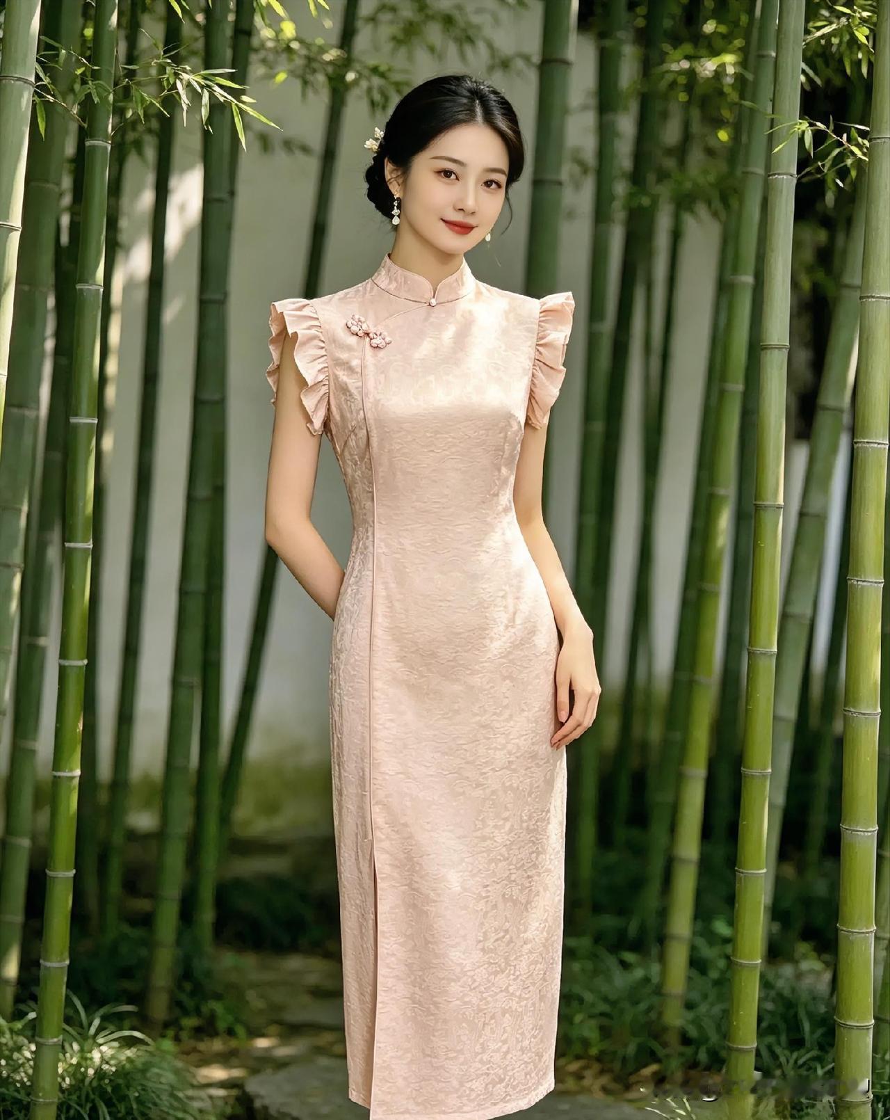 粉旗袍曳竹影间，柔肩承风，立领藏韵。竹翠为幕，花钿点颊，她如古卷走出的诗行，温婉