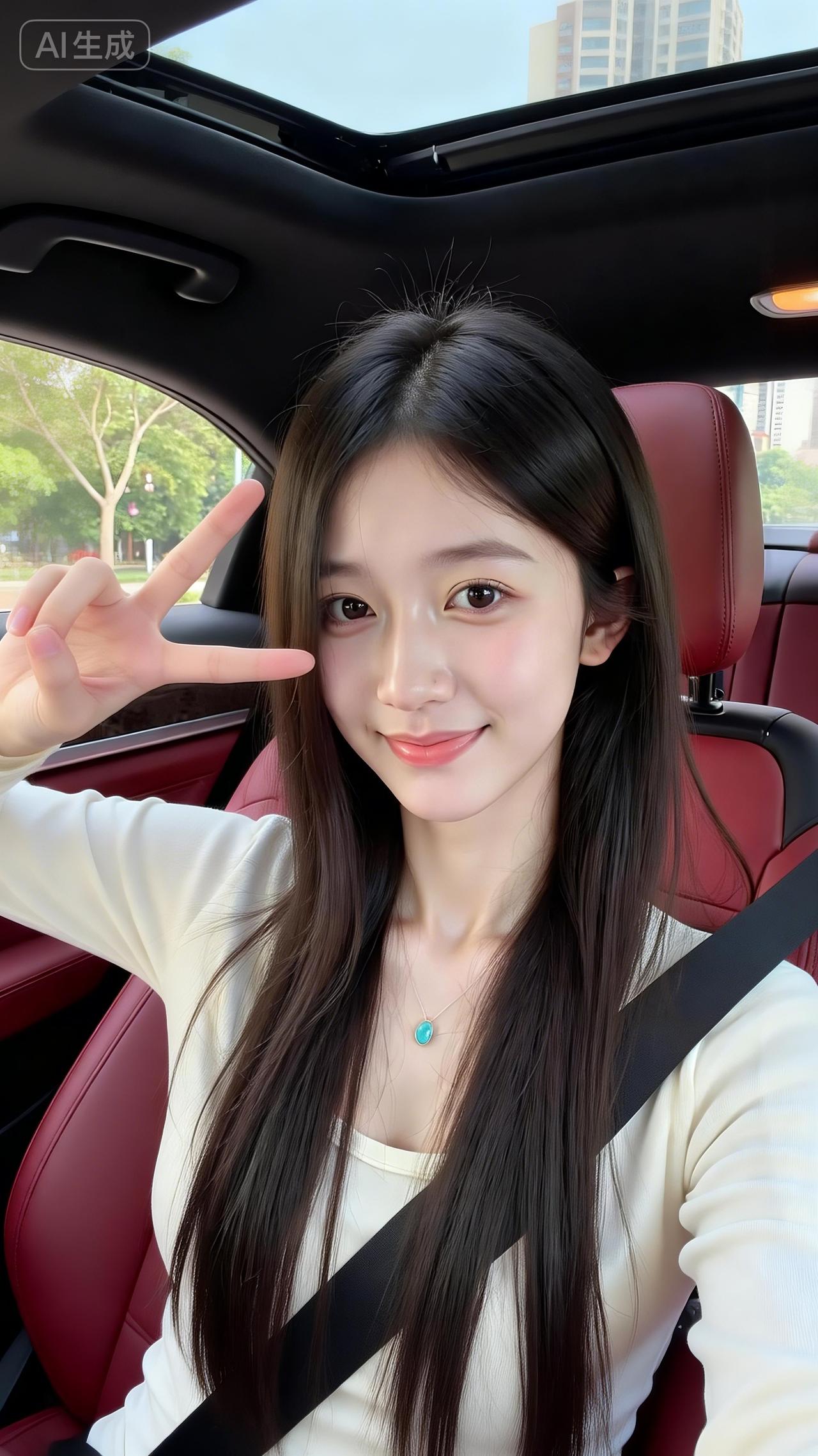 车内的奶白甜妹好清新软乎乎的米白针织叠内搭，绿松石项链一衬，甜得像裹了层奶