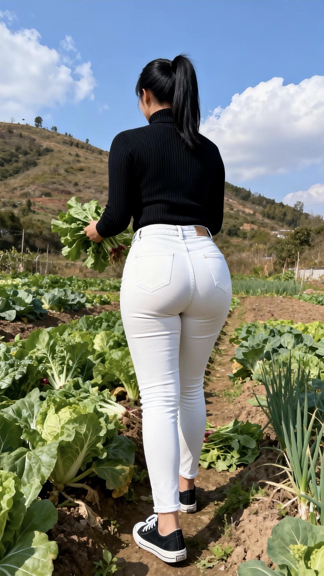 澄澈的蓝天浮着棉絮状的云，远山的坡地覆着浅褐与苍绿交织的肌理，菜畦里的白菜舒展着