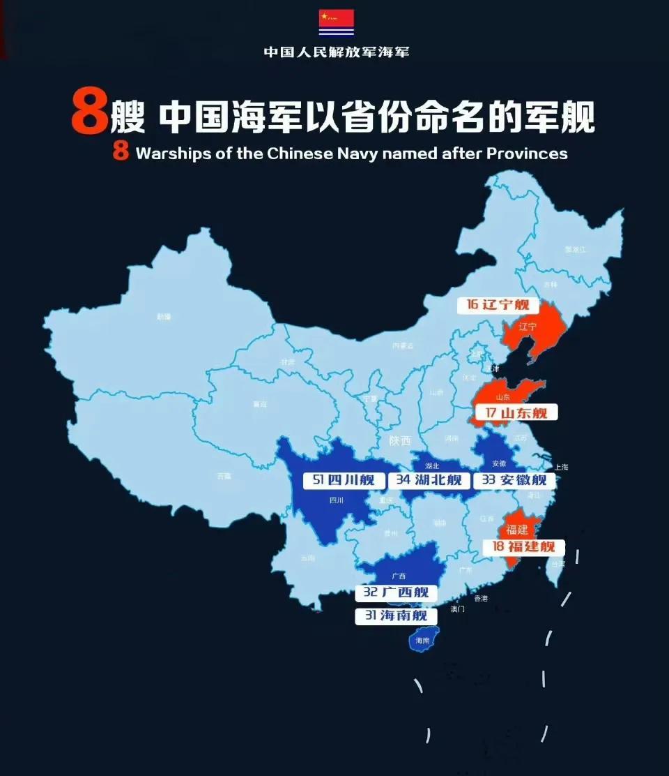 这么看，八艘巨舰已经服役的省份更加一目了然！沿海的省都有航母命名机会，16辽宁
