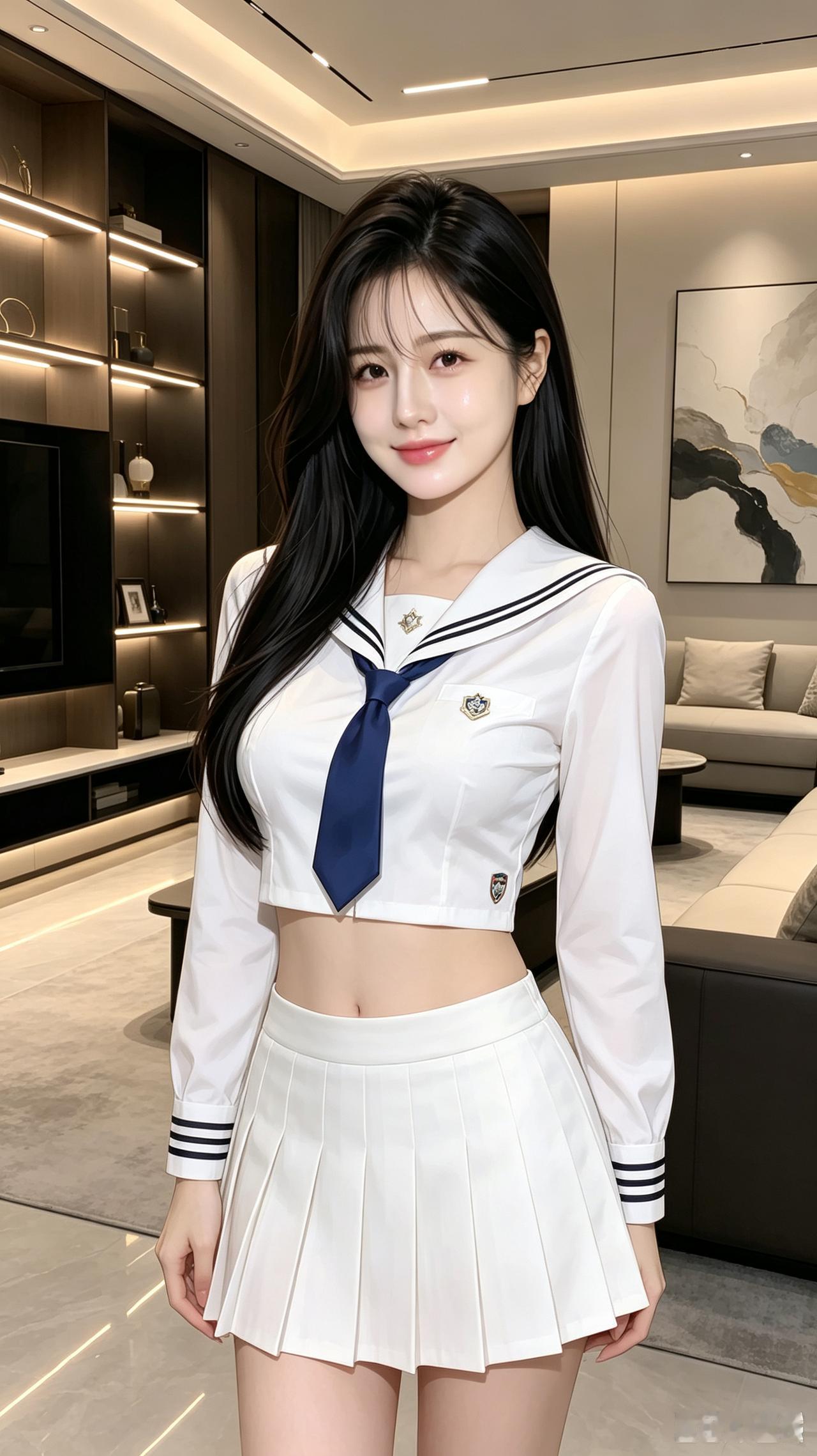 这姑娘穿着水手服好可爱！