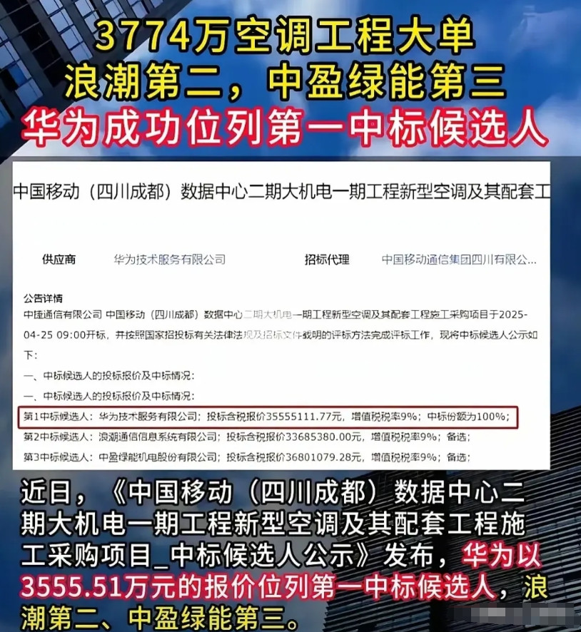 恭喜，华为拿下了中国移动的空调大单，不用怀疑自己的眼睛，就是空调订单。数据中心