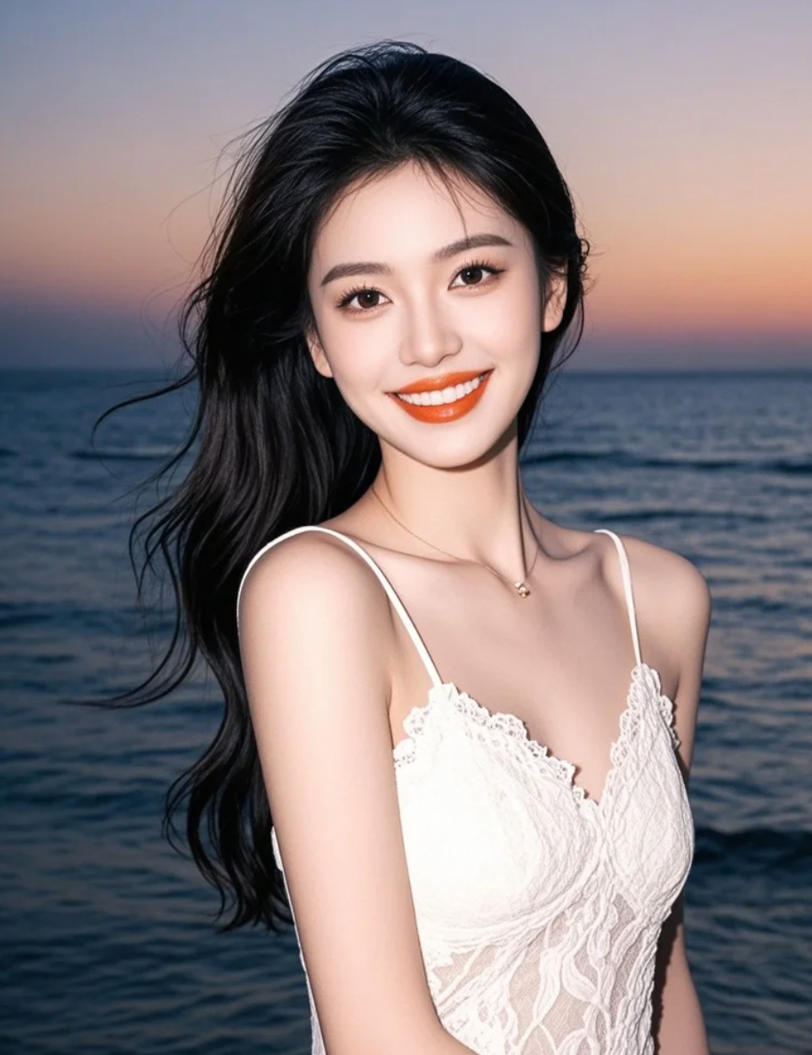 白裙女子在海边，与落日共舞