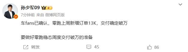 零跑上周新增订单13000，交付确定破万。（来自博主孙少军）周交付破万有望成为