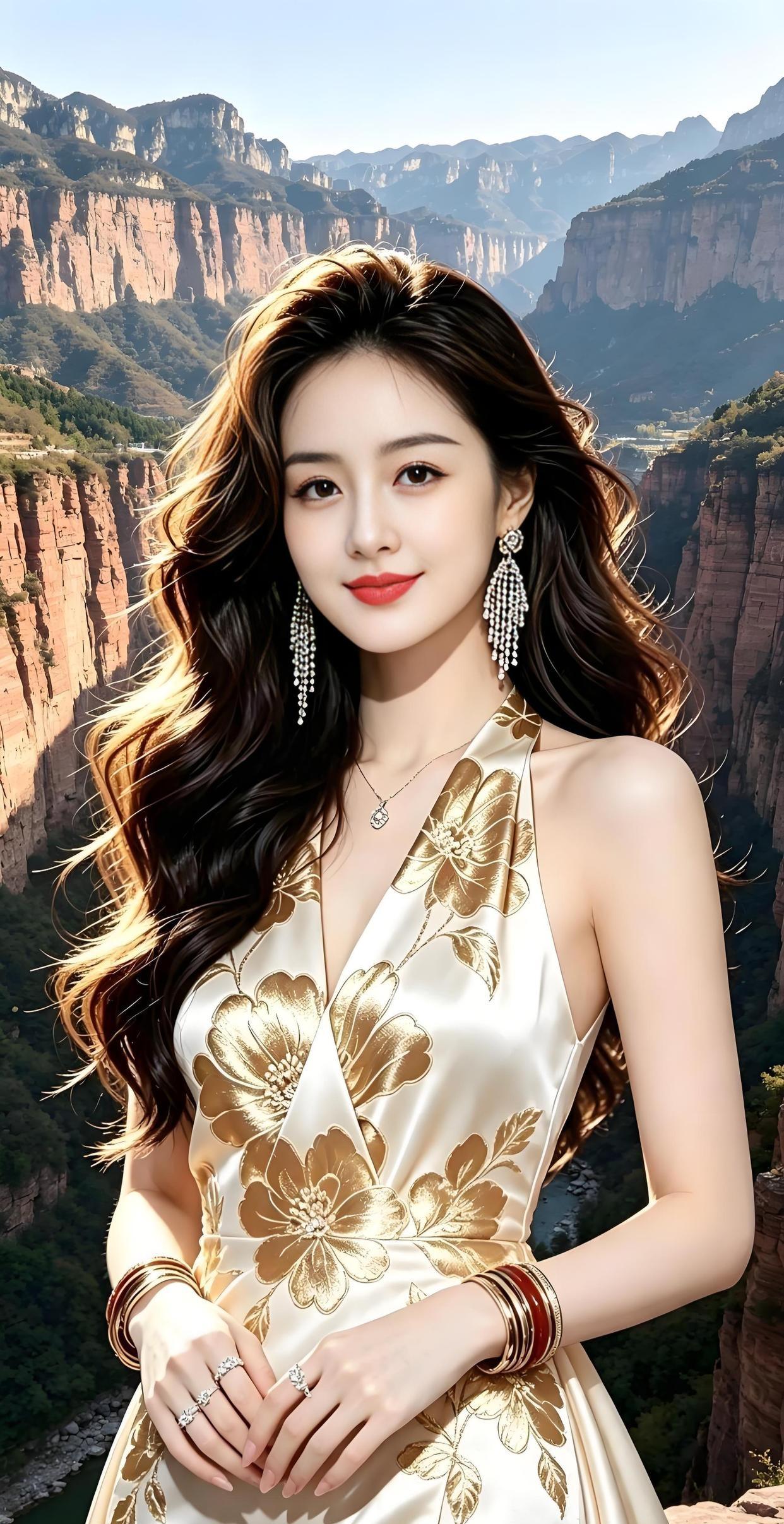 风把长发吹成诗行，她站在群山中央。金花缀满裙角，笑意比阳光更暖。千山如画
