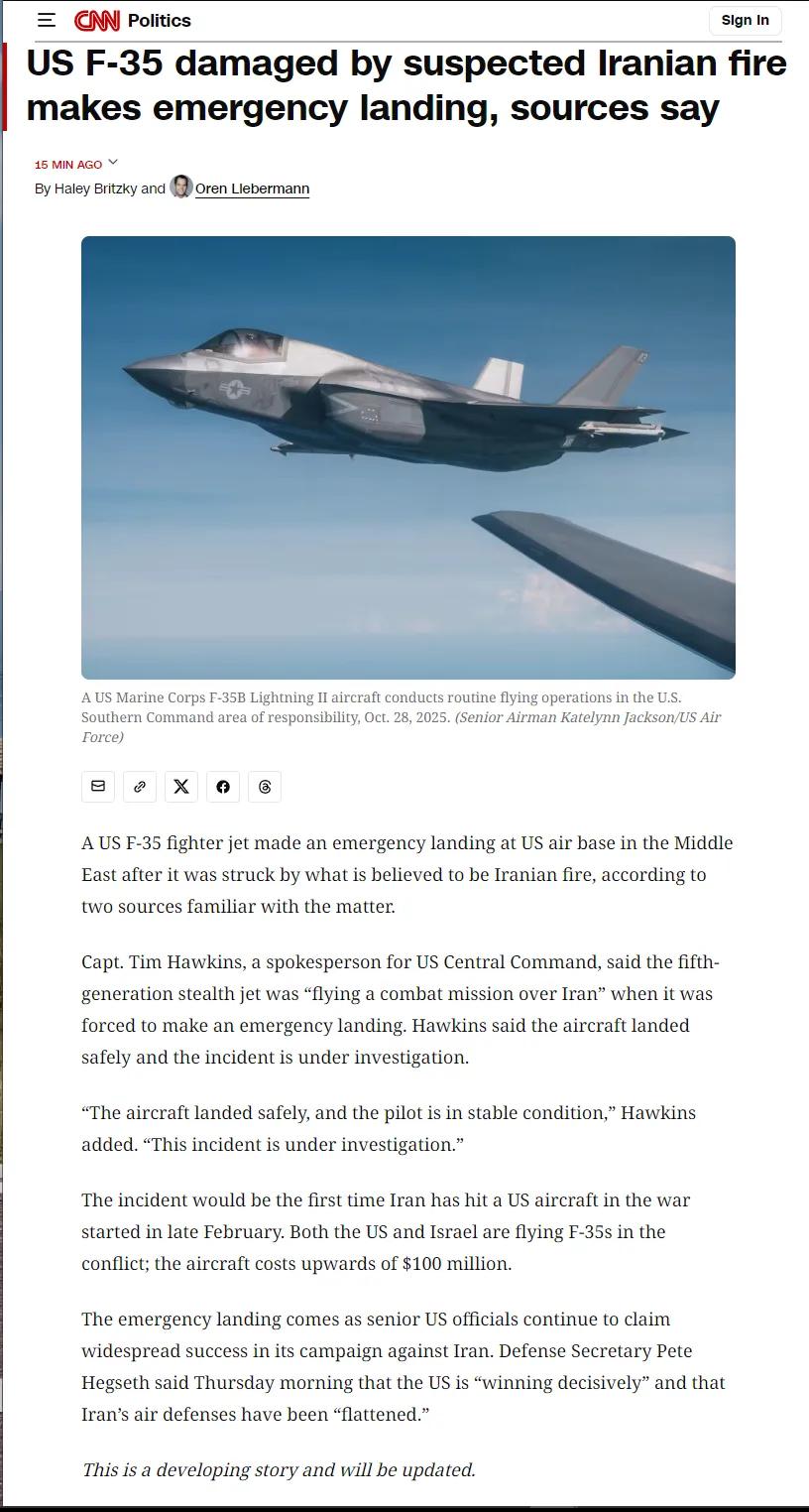 美国CNN报道称，美军一架F-35隐身战斗机在伊朗上空被地空导弹击伤，被迫紧急返