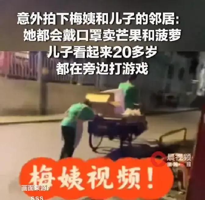 人贩子“梅姨”推着个二十多岁的儿子，在街上卖水果，这画面你敢信吗一个网友偶然拍下的，说本来是想拍“儿