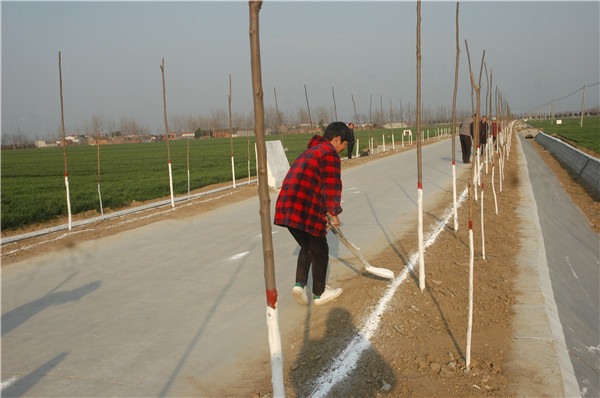 工人叔叔在校门口公路的两边每隔5.