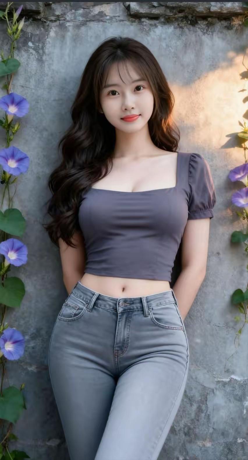 甜美少女风，紫色花墙前，清新自然美