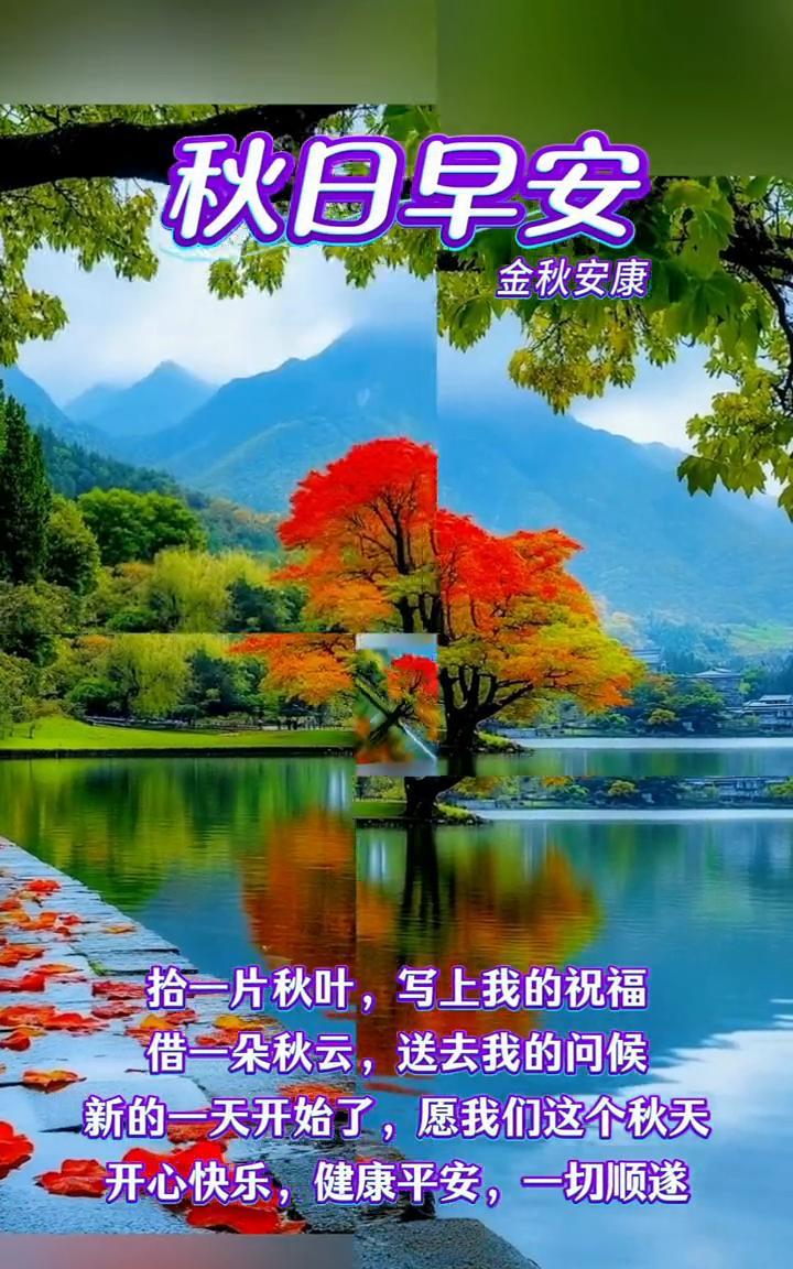 秋日早安。金秋安康。拾一片秋叶，写上我的祝福。借一朵秋云，送去我的问候。新的一
