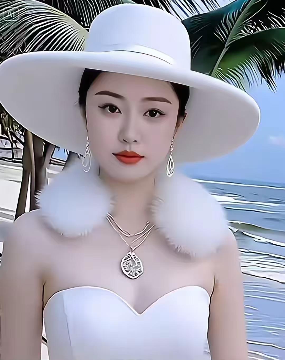 塞鸿秋·海边白裳雅韵谁言滨海惟闲装，素衣一袭沙滩上。宽檐白帽遮晴光，狐绒