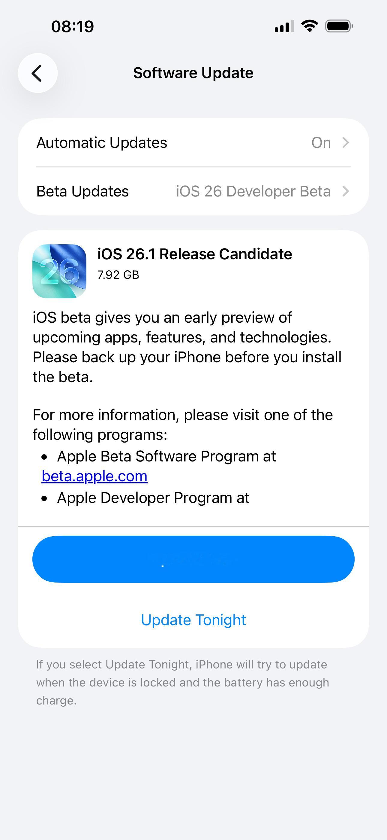Apple发布ReleaseCandidate软件更新：iOS26.1