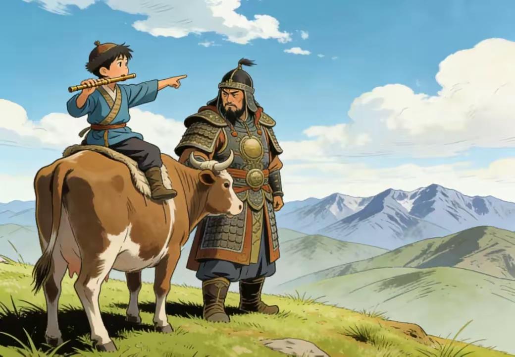 忽必烈兵败后心境沉重，忽闻牧童夸口：“若让我领军，定然得胜。”忽必烈冷笑一声：“