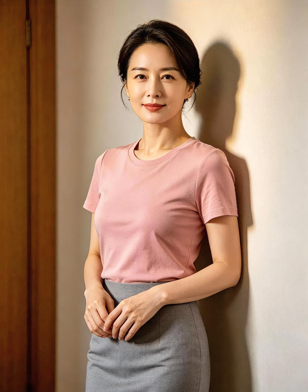 《墙边的温柔光影》粉色短袖，晕染初夏的柔暖。灰裙素雅，勾勒从容的
