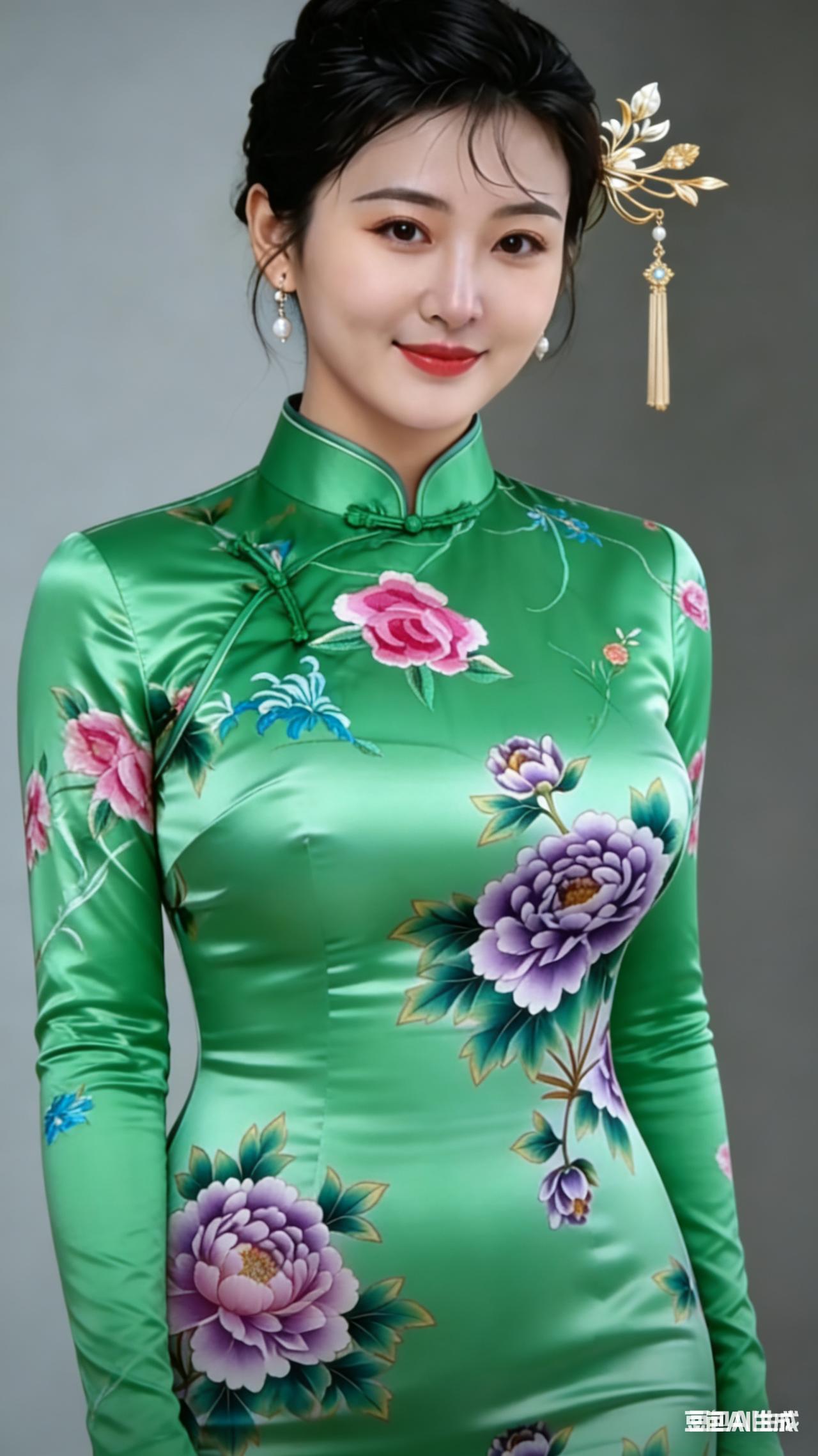 这身旗袍真的绝了！那花色鲜艳得就像春日里盛开的繁花，既展现出东方女性的婉约柔美，