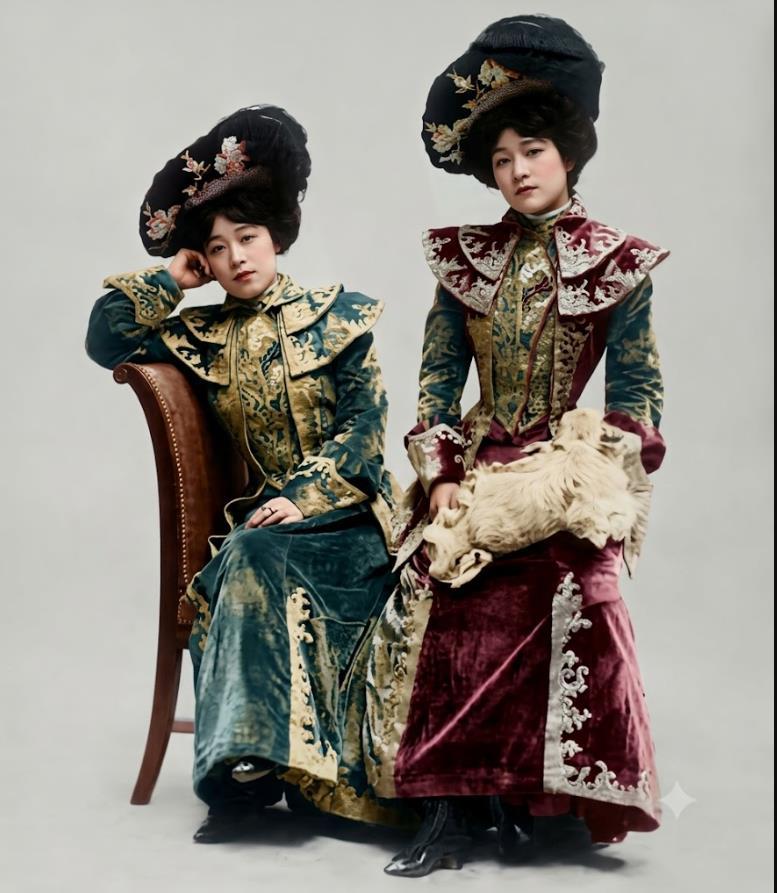 1900年，巴黎，大清驻法公使的一双女儿，左侧为裕德龄，右侧为裕容龄。一身时髦