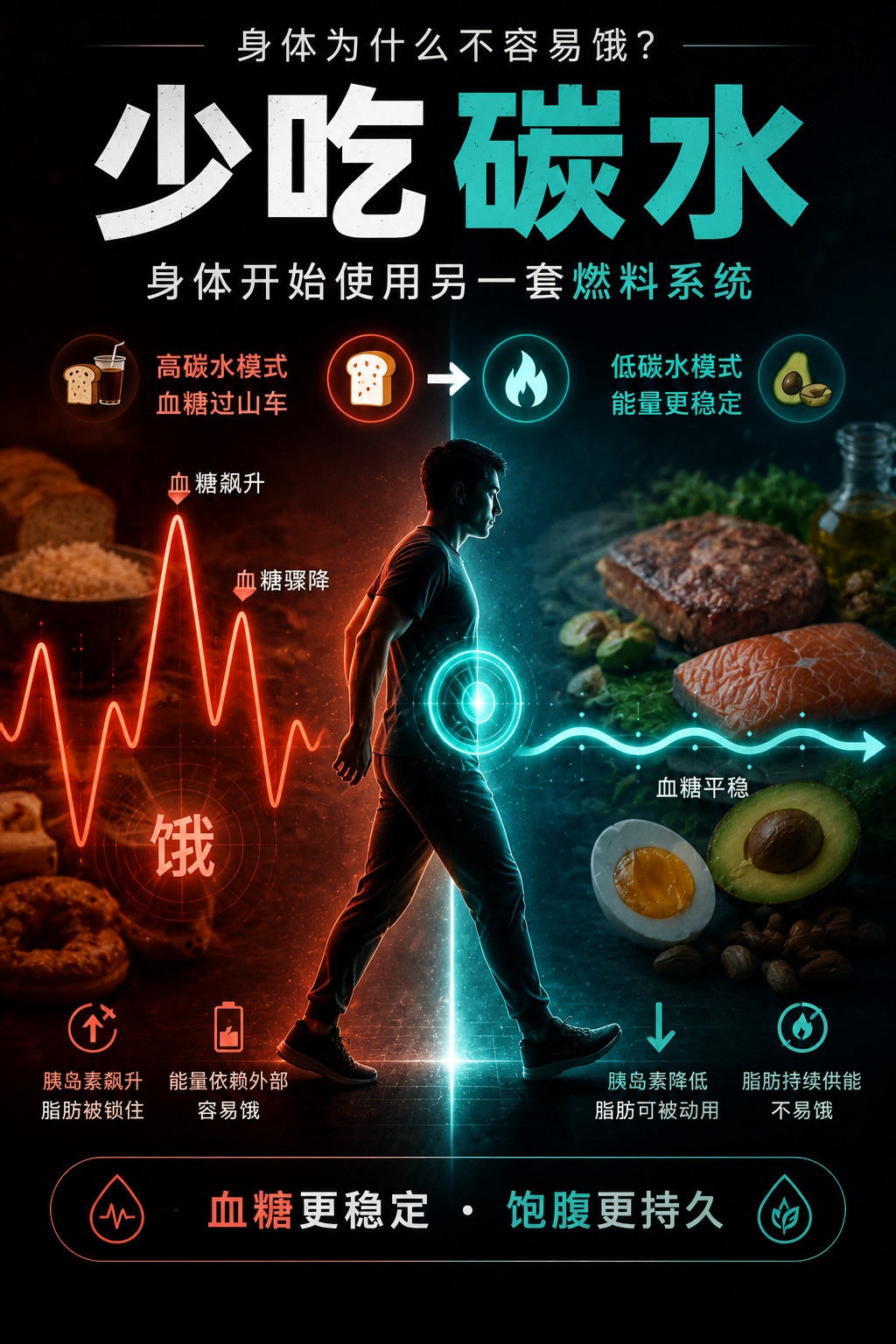 少吃碳水后，为什么不容易饿？Claude对此解答：几个机制叠加的结果：一、血糖不