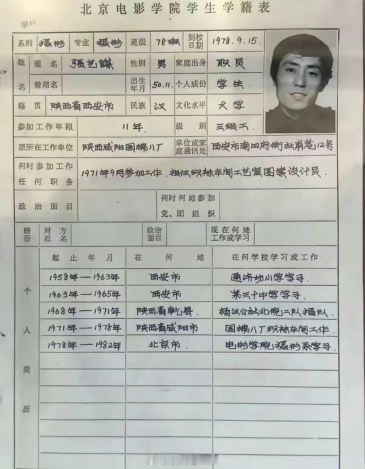 1978年，张艺谋填的学籍表。字如其人，有板有眼，难怪能成大导演。[赞]