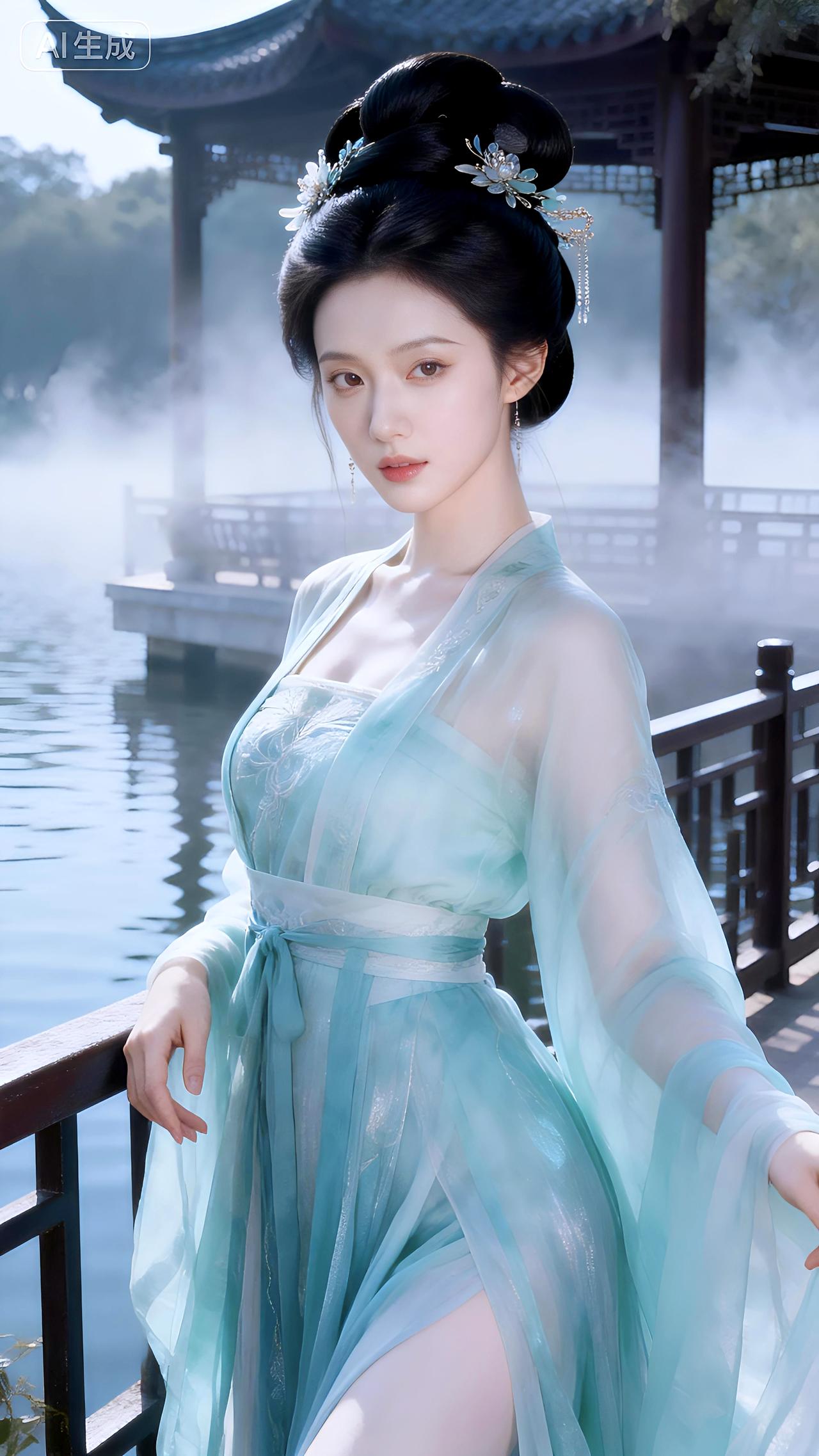 烟波水榭凭栏处，碧衣云髻画中仙。豆包壁纸