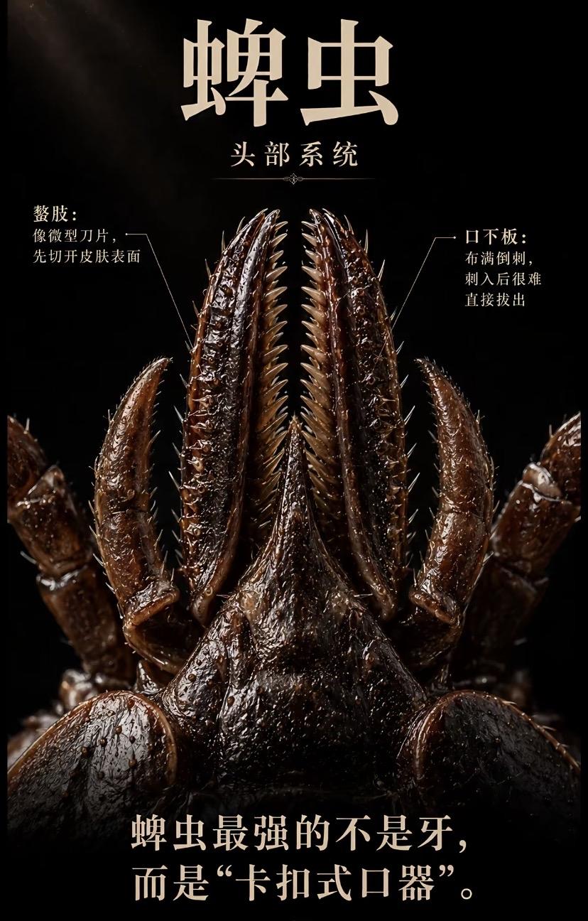 蜱虫的头部结构，难怪咬人后它的脑袋很难拔出来。这玩意儿真的太恶心了，我觉得这东西