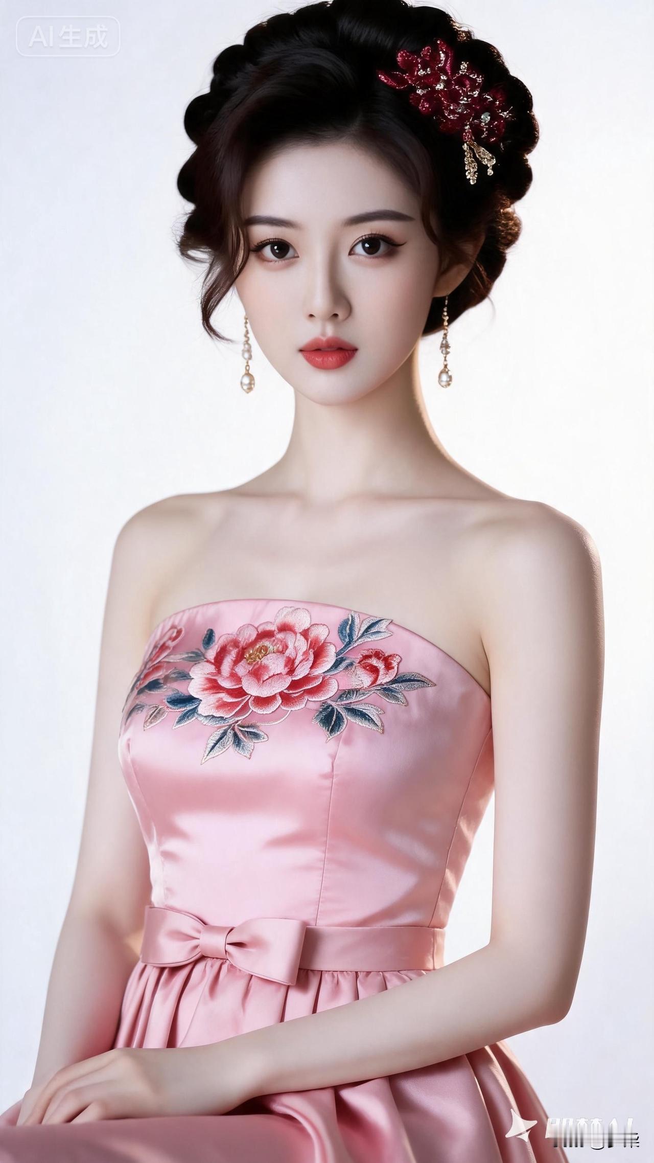 气质优雅大气穿搭粉缎抹胸绣牡丹温婉动人，盘发配红花发饰，东方柔雅气韵尽显高级显气