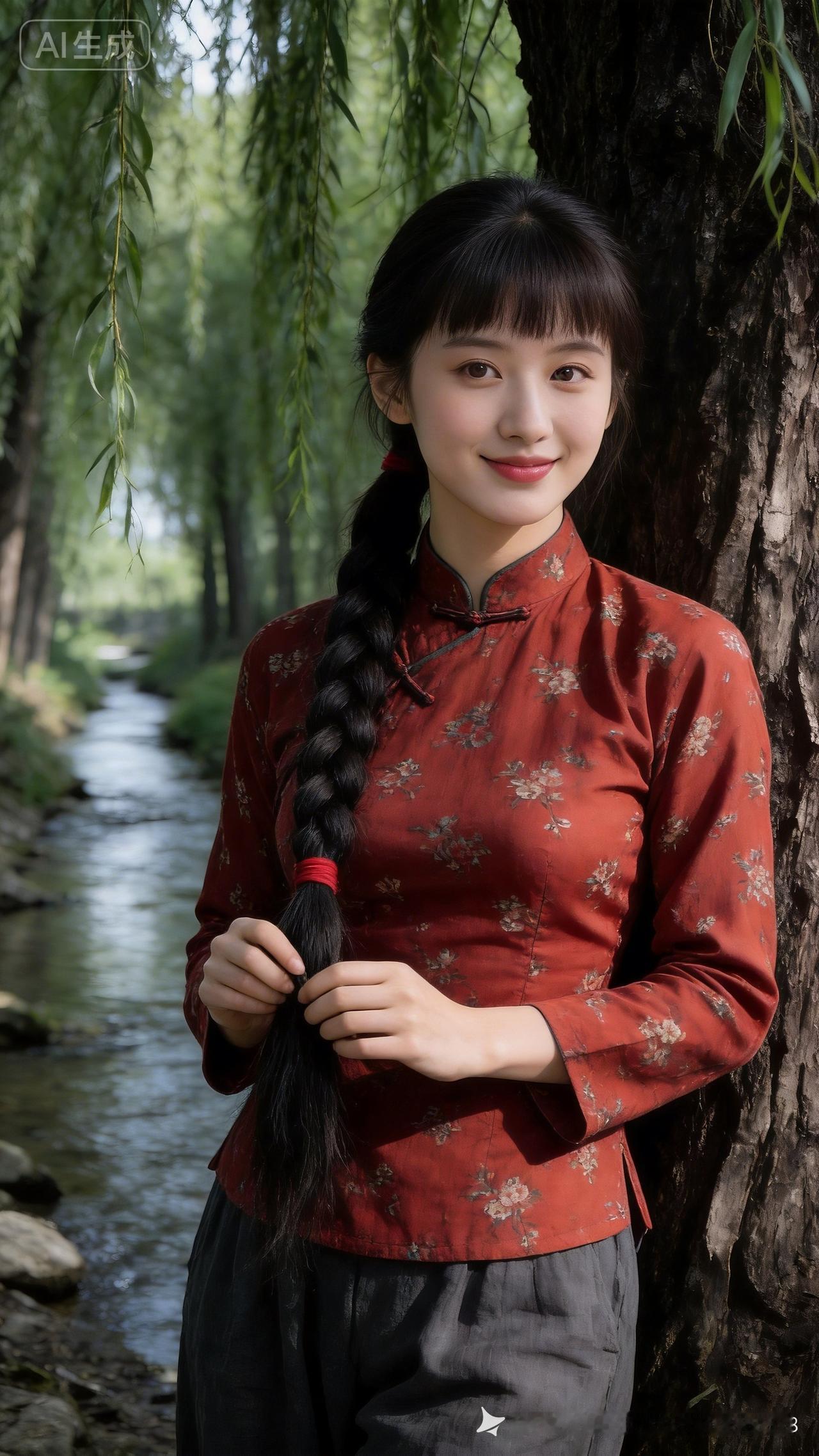 在绿意盎然的河边，少女与自然融为一体，红衣与绿树相映成趣。