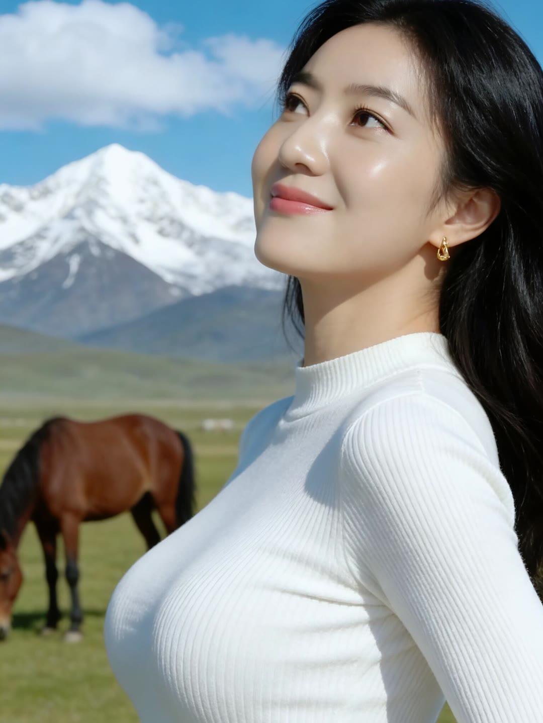 在雪山下，与马儿相伴，感受大自然的宁静与美好。