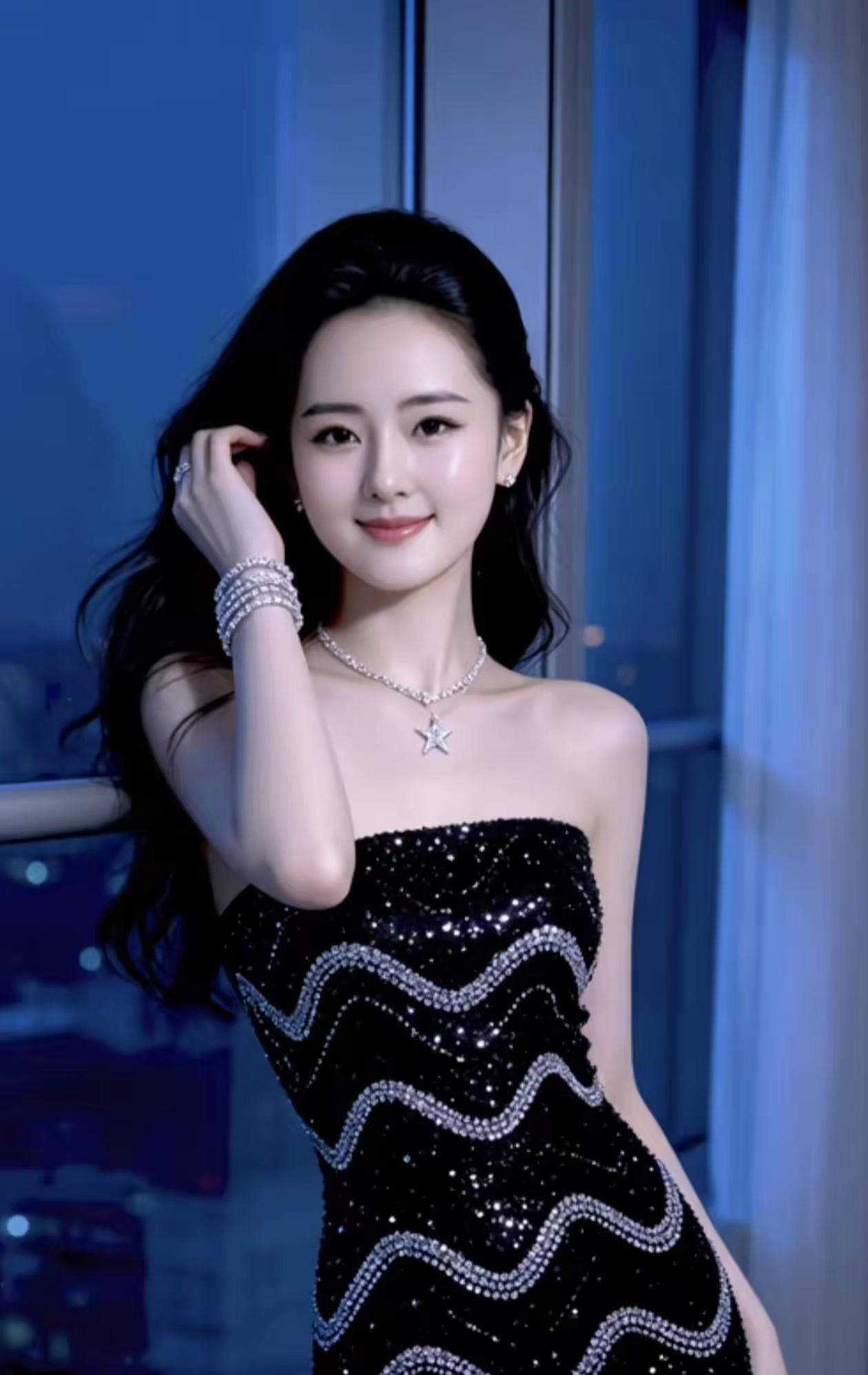 这位小姐姐穿着闪亮连衣裙，靠在窗边。