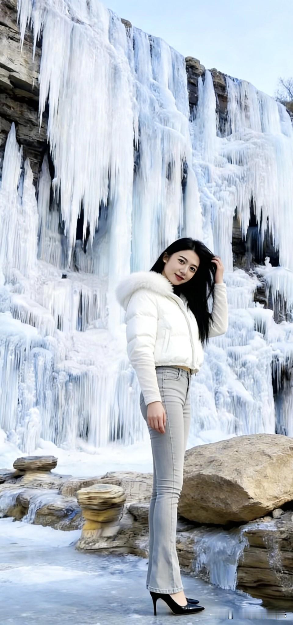 冬日冰瀑下的时尚少女，暖阳下的唯美瞬间