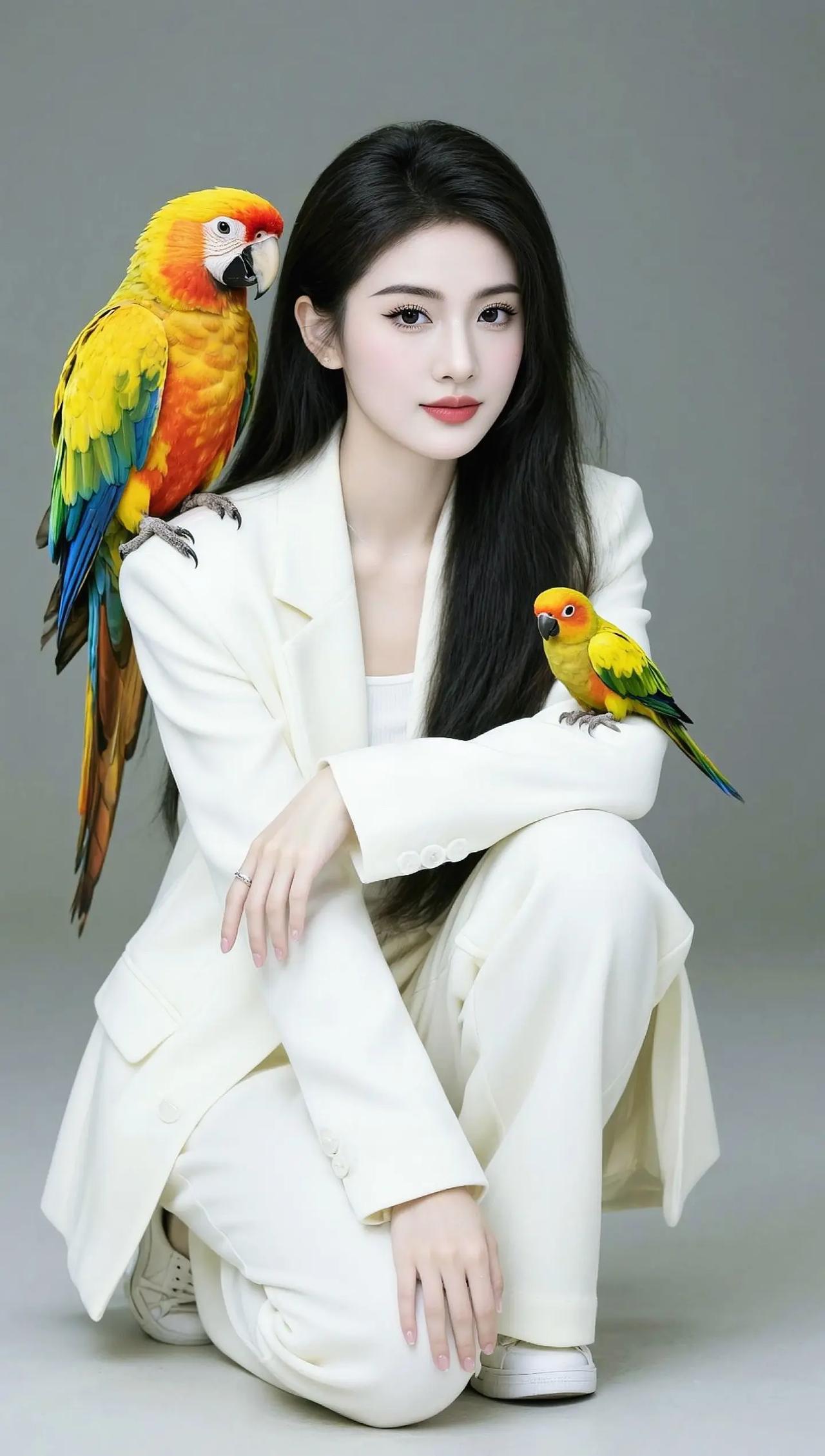 优雅与色彩的碰撞：与鹦鹉的梦幻合影。