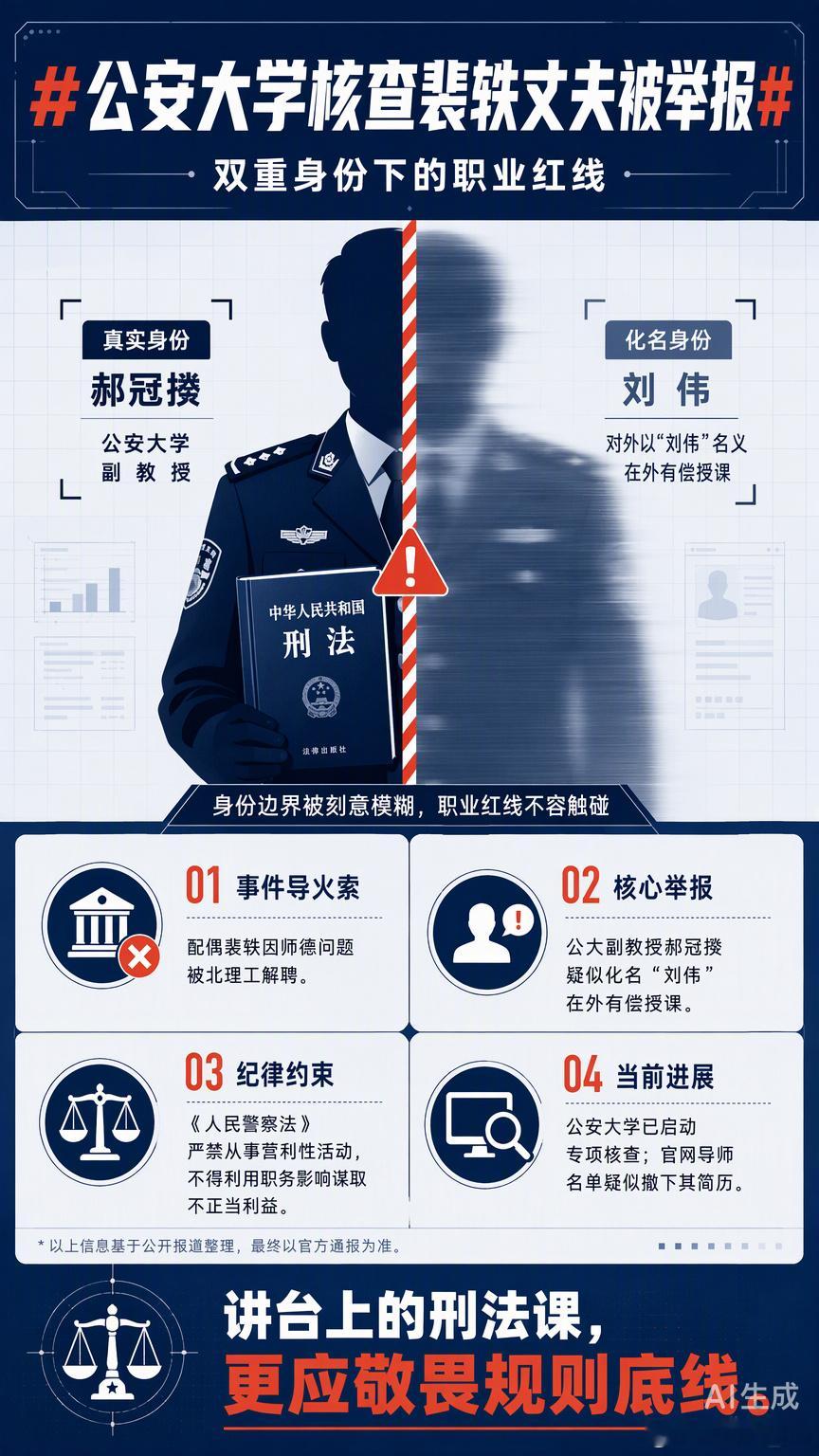 北理工裴轶被解聘的通报刚出，舆论的探照灯就迅速打到了她丈夫郝冠揆身上。这位中国人民公安大学的副教授，