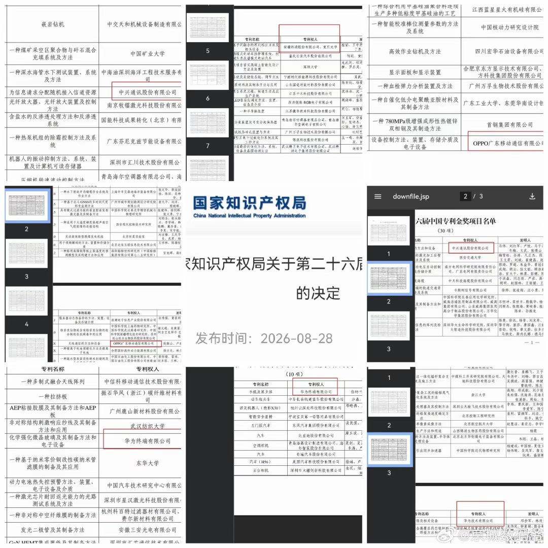 恭喜华为、中兴、OPPO、荣耀等获得第二十六届中国专利奖！～华为、中兴各获得1个专利金奖（共30个名