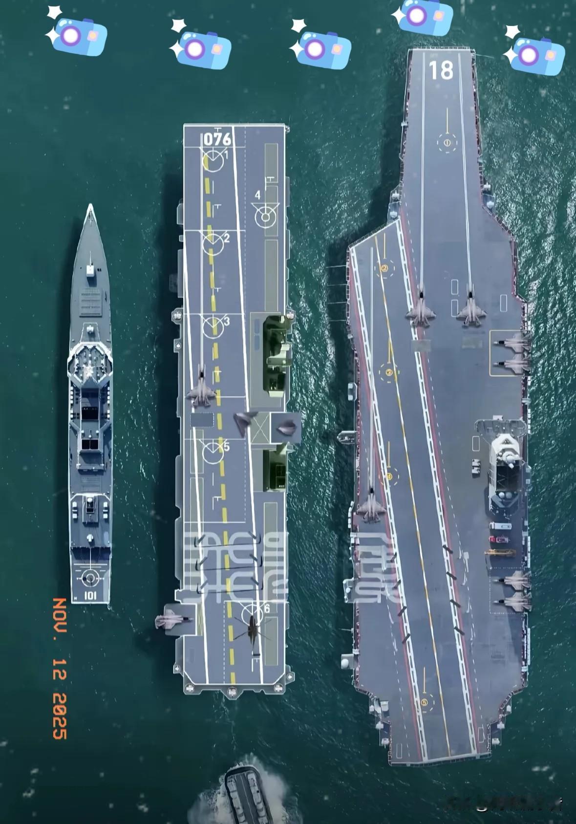 风和日丽，碧海蓝天。055，小福建，076，并肩航行。前方发现敌航母舰队