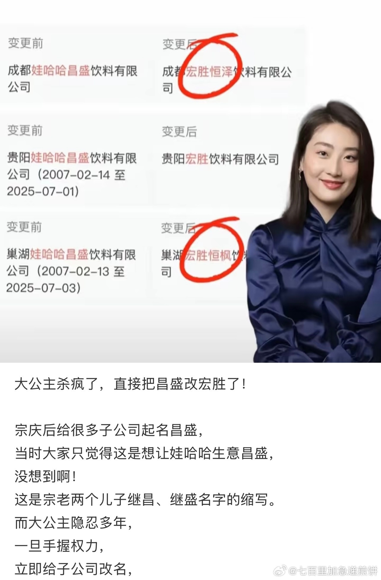 女王啊，爹给两个弟弟起名“继昌”“继盛”，娃哈哈的几个分公司就叫“昌盛”，宗馥莉