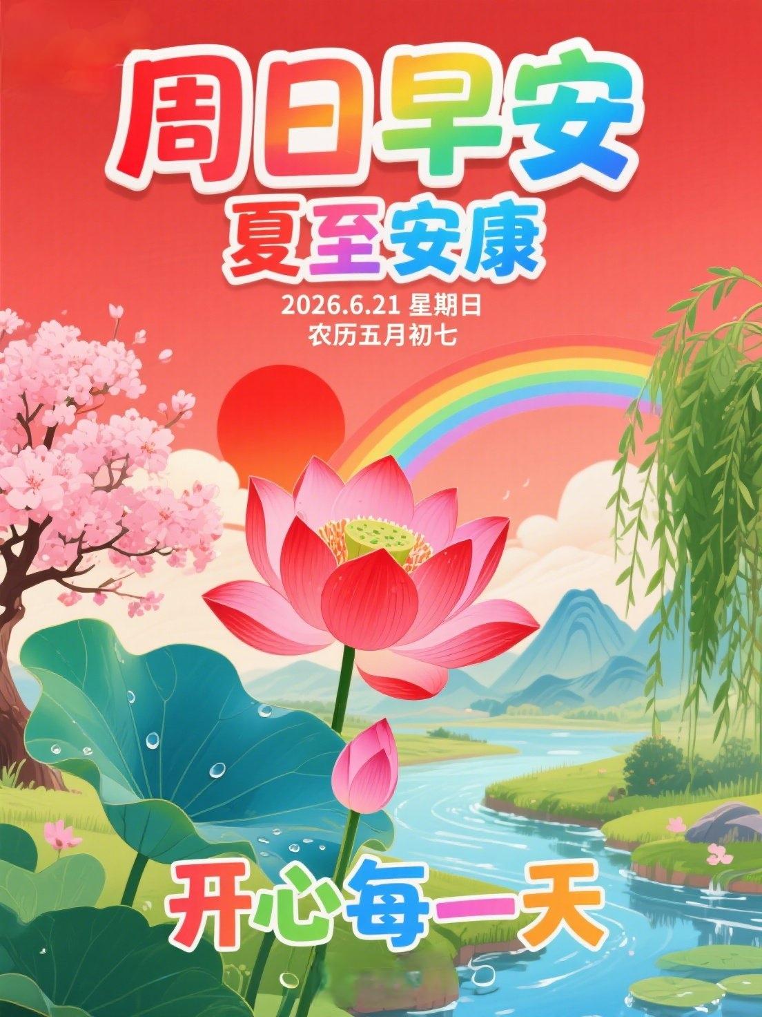 夏至祝福晓日微升碧荷展，蜻蜓点水落花间。晨起寄语祈安健，夏至悠然福绪绵。