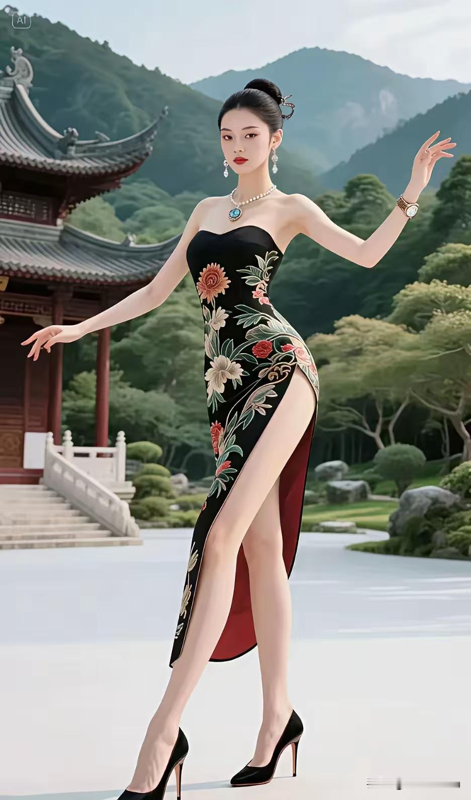 黑裙如墨染牡丹，古韵今风她最飒，山寺门前步步生花，优雅是行走的诗。