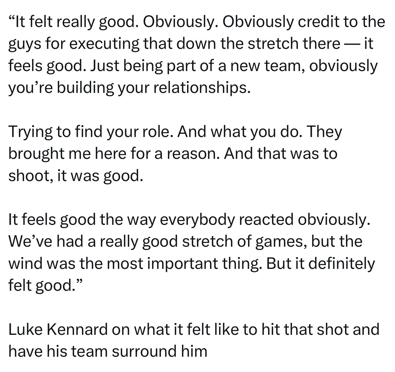 肯纳德谈绝杀后被队友包围的感受：“这感觉真的太棒了。显然，这要归功于队友们在最后