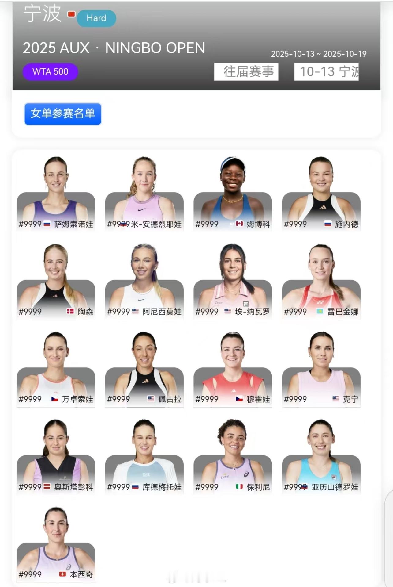 宁波500赛报名情况👇阿尼西莫娃、安德烈娃、佩古拉、保利尼、莱巴金娜、、奥斯塔