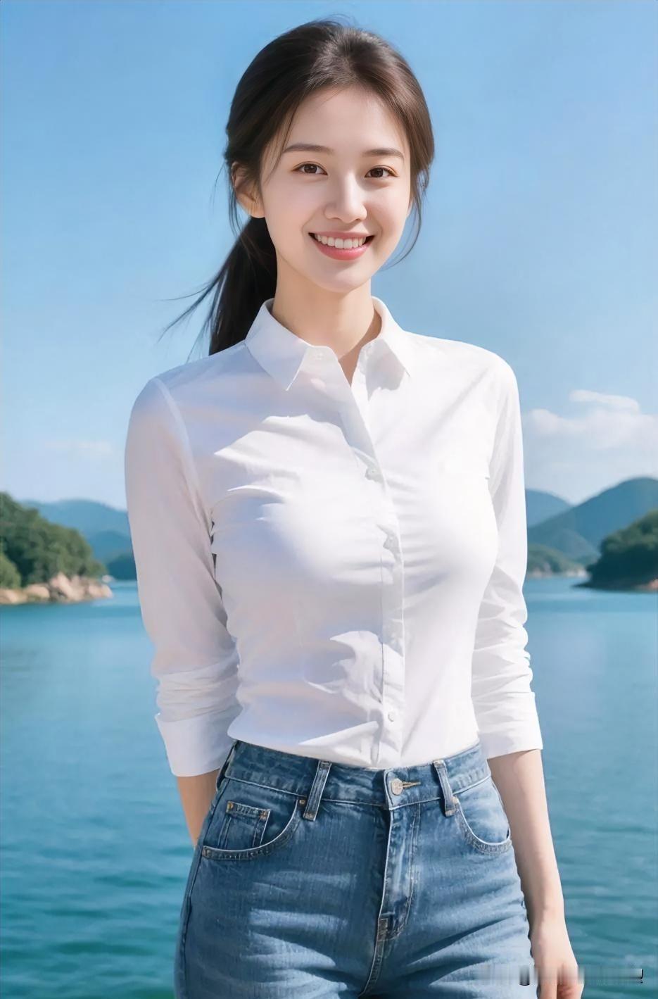 白衬衫配牛仔，马尾轻扬，于碧水蓝天间展露灿烂笑容，清新自然，明媚动人。