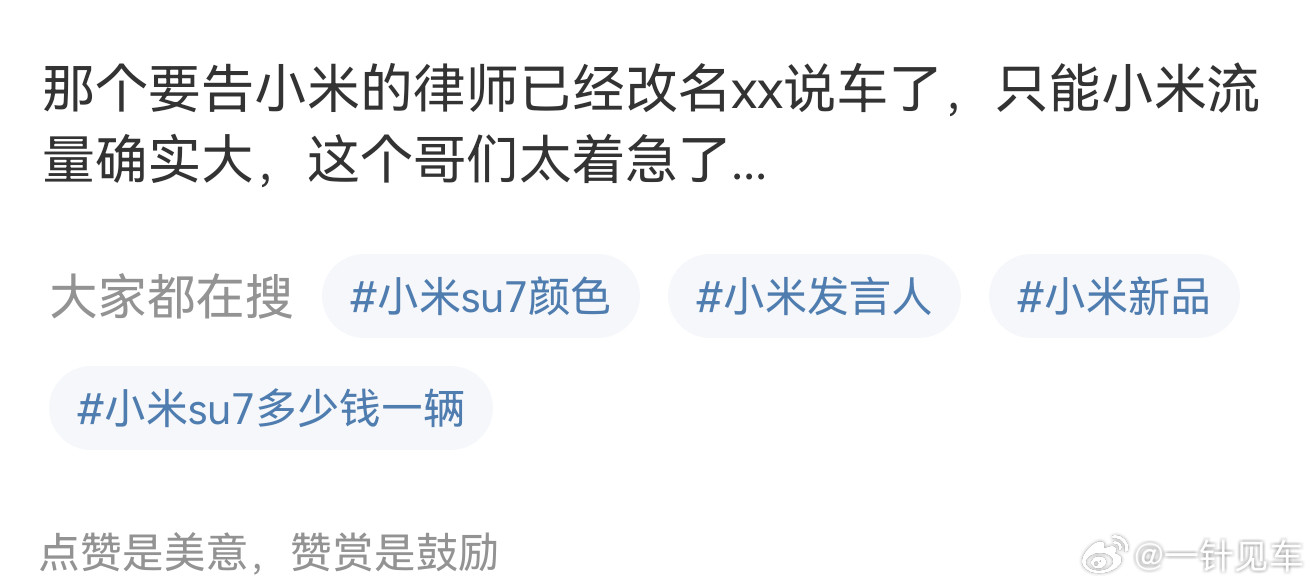 就事论事，这位律师在🎵的名字之前就叫“大状讲法说车”，去年就买了小米su7，搞