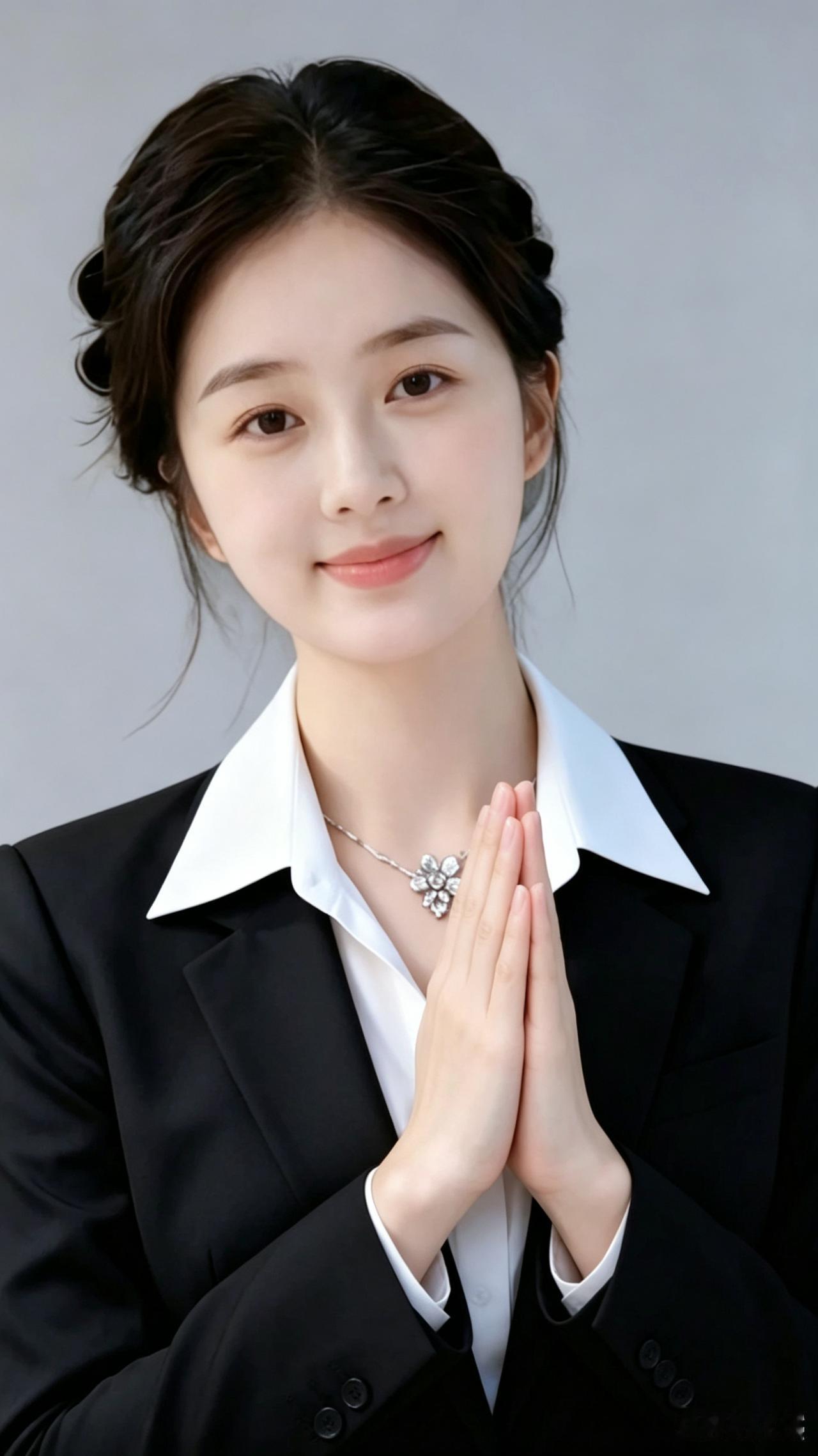职场佳人一袭黑装衬白衫，干练风姿惹人怜。双手合十含浅笑，温婉大方气质妍。