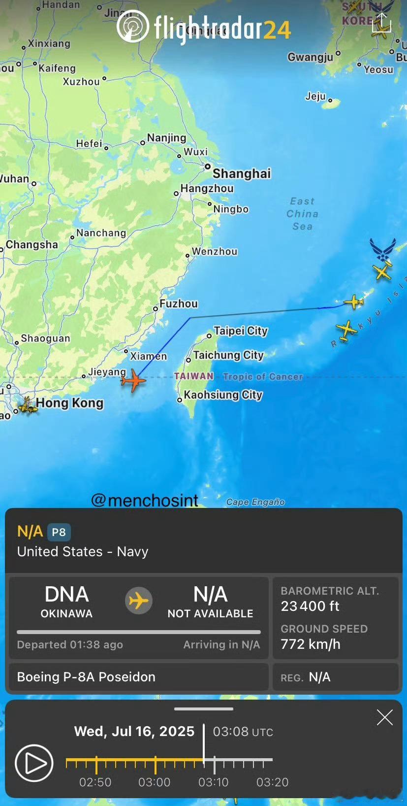 两边互有动作！[doge]今天，美国海军P–8间谍侦察机飞越台湾海峡。昨日，中国