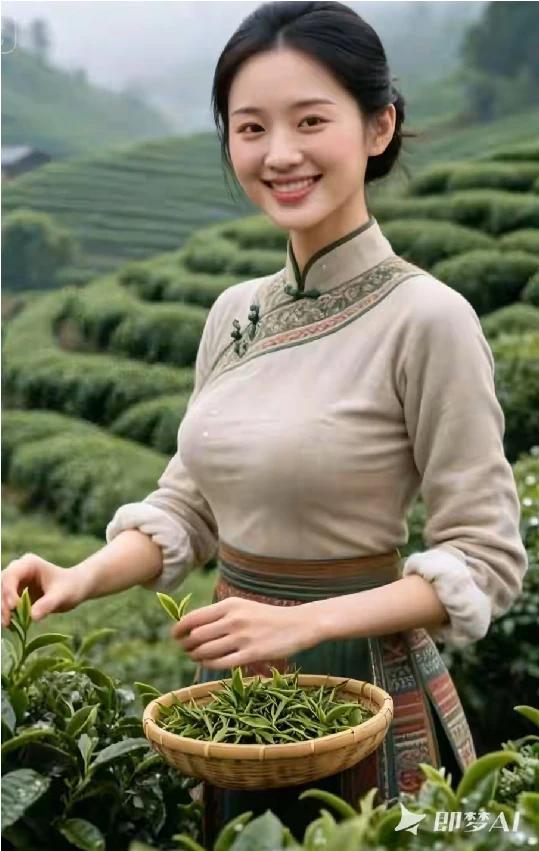 微微一笑百媚生，采茶姑娘显风情。人生如茶沉浮间，红尘若梦亦从容。