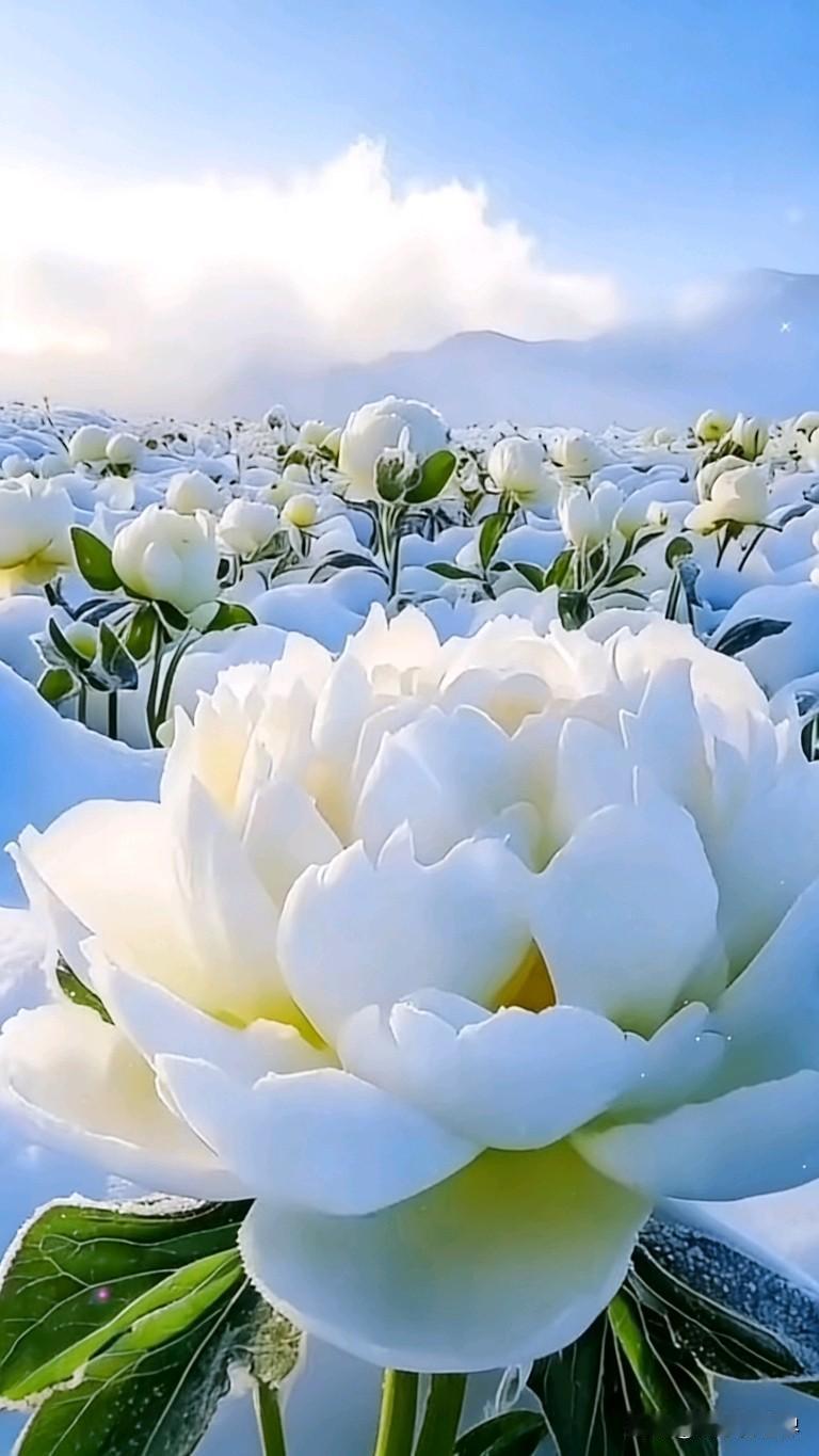 梦幻雪景中的白色花朵，宛如仙境梦幻雪景照美的白色花海