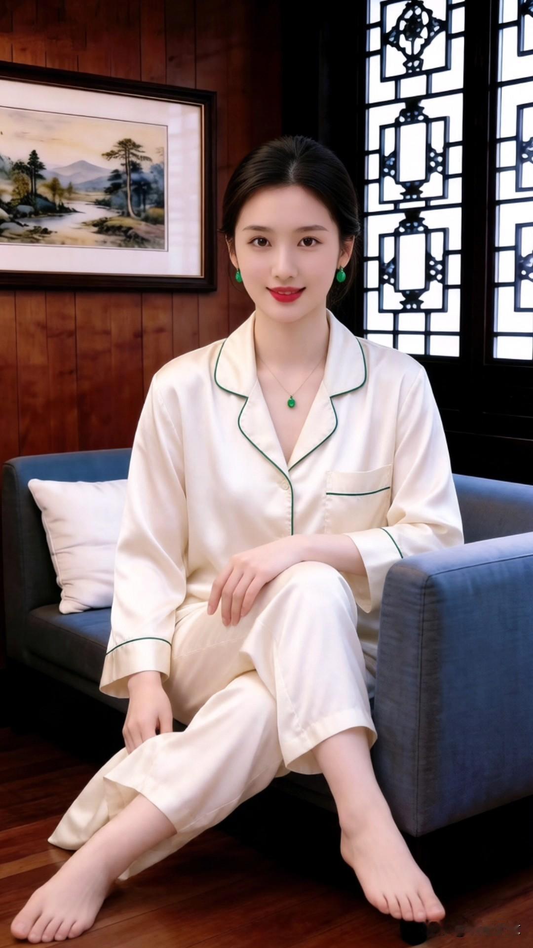 谁说居家睡衣只能随便穿？奶白真丝睡衣配清绿滚边，自带柔光滤镜，温润如玉的翡翠首饰