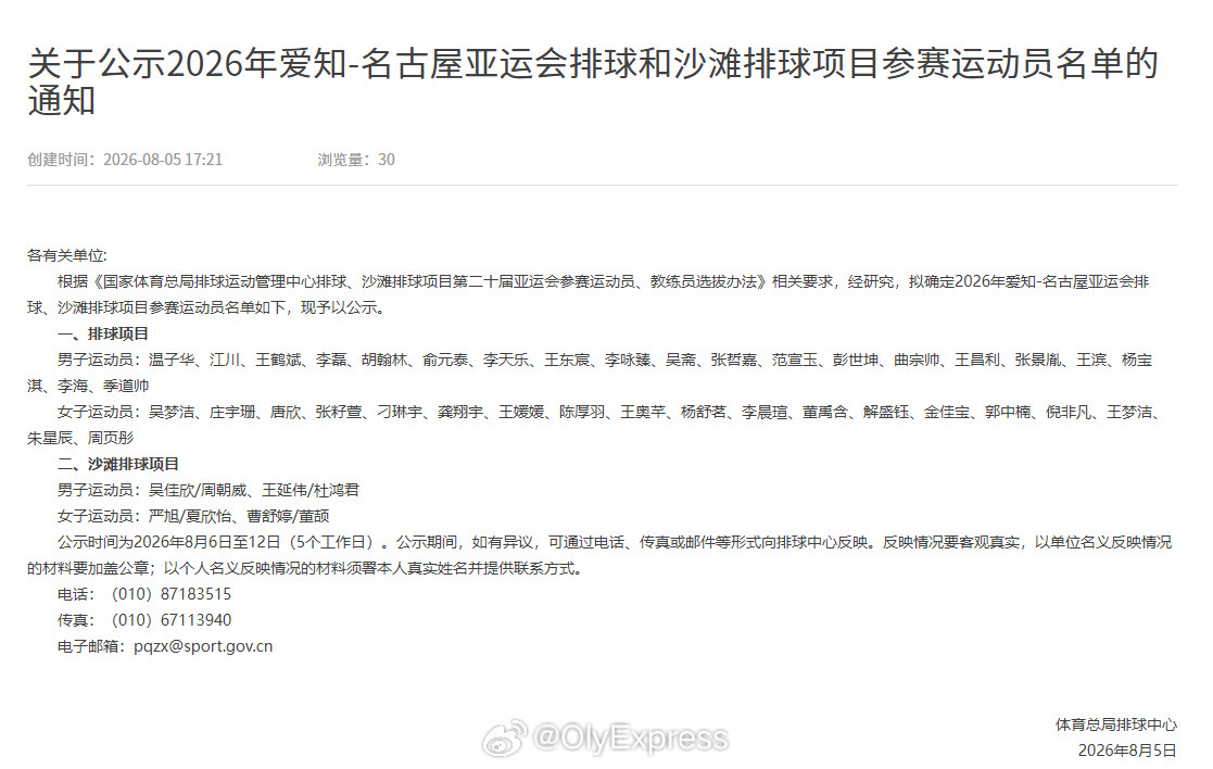 【亚运会中国排球运动员名单公示】8月5日，中国排协在官网公示了参加亚运会的排球和
