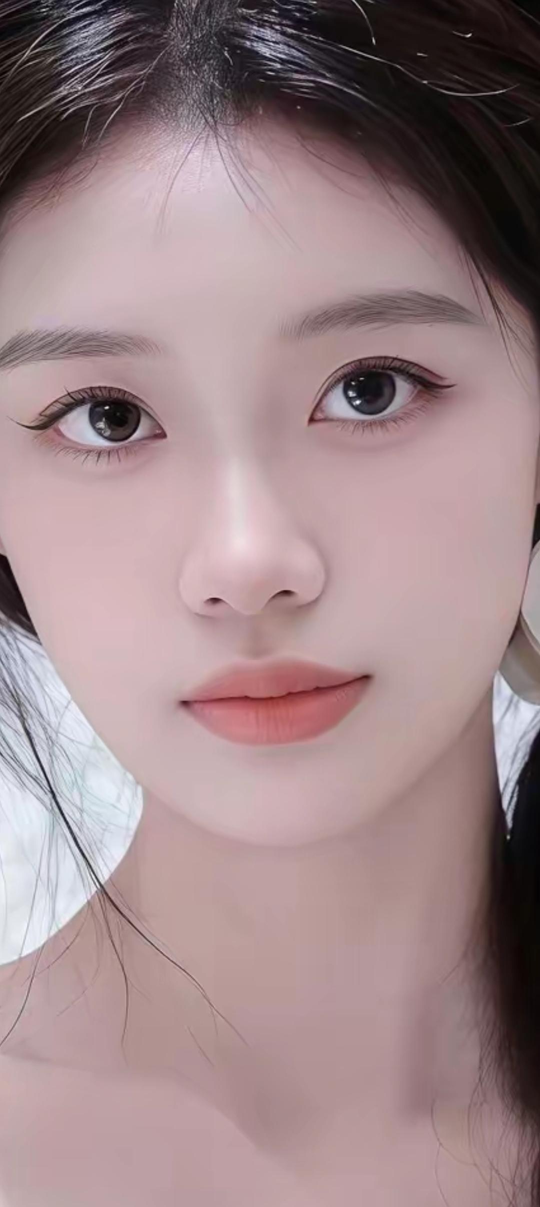 温柔甜美的少女，白皙肌肤，大眼睛，自然妆容，清新动人。